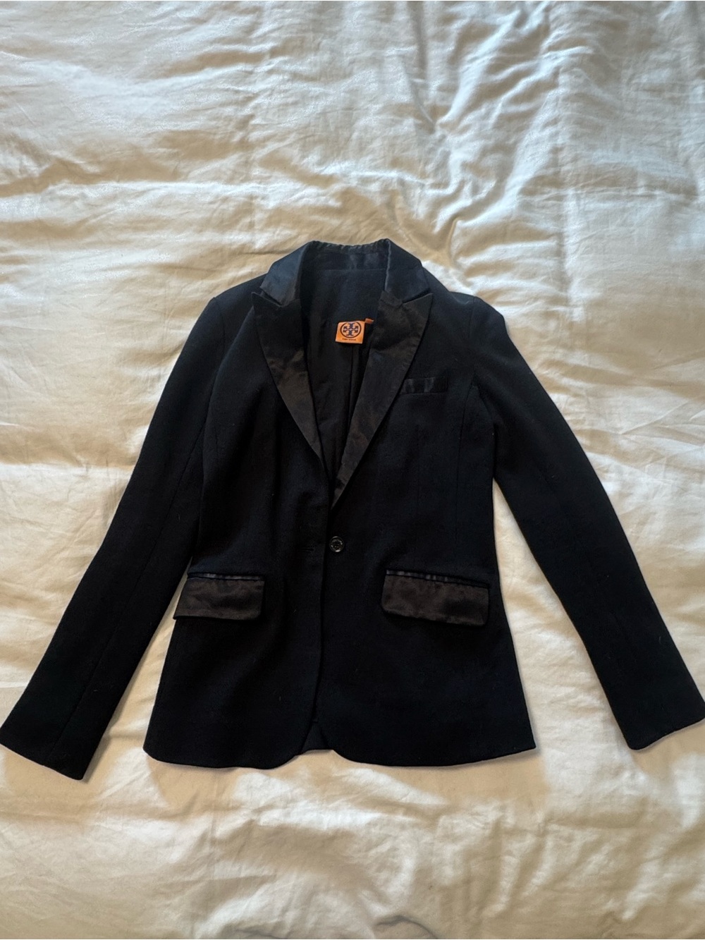 Tory Burch Black Wool Blend Tuxedo Blazer | Satin Trim | XS